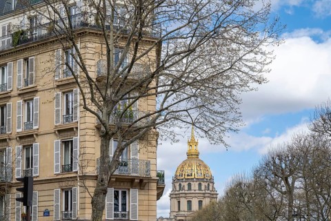 Street with Invalides Cathedral, tomb of Napoleon I, Hotel des Invalides, Paris, Ile-de-France,