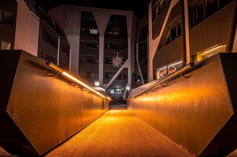 Inner courtyard of the futuristic building of the Carl Zeiss Jena WG in the city centre of Jena at