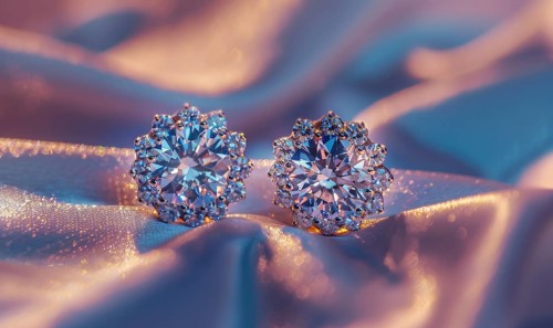 A pair of sparkling diamond earrings arranged on a sleek satin material background AI generated