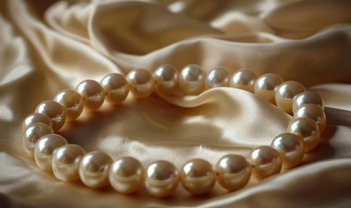 A pearl bangle bracelet with intricate detailing laid out on a smooth satin material background AI