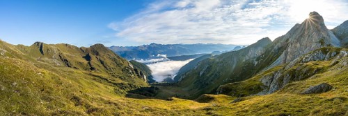 Panorama, mountain valley and mountain panorama in the morning light, view into Winkler Tal with