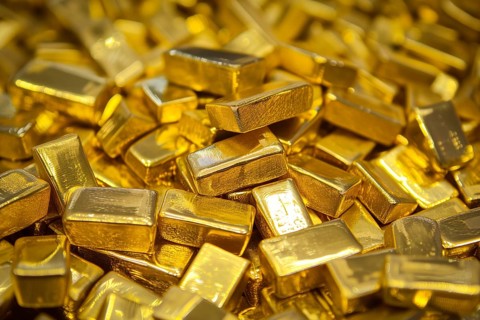 Banking finance concept background, pile of gold bars bullions ingots close up, AI generated