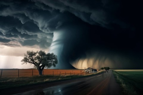 Disaster catastrophe storm concept, tornado in a field in the USA with car on road driving towards