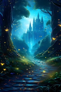 AI generated enchanted forest illustration intertwining trees aglow with magical light