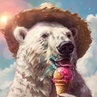 A polar bear with a straw hat enjoys an ice cream in sunny weather, symbolic image on the subject