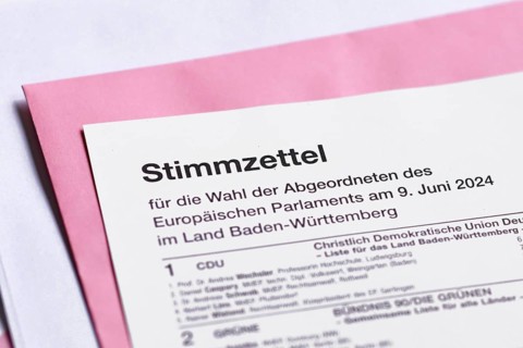 Germany, May 2024: German ballot paper for Elections to the European Parliament. 'Bundestagswahl'