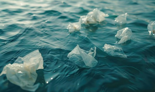 Plastic bags floating in the ocean water, environment and ecology AI generated