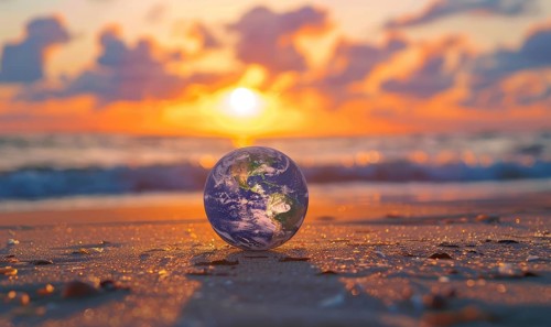 A picture of an Earth globe sitting on a sandy beach with a vibrant sunset sky in the background AI