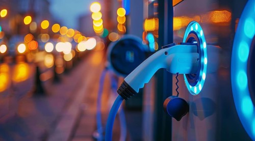 Electric car charging the battery from the electric charger, AI generated