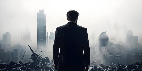 Silhouette of a businessman against a backdrop double exposure that reveals a destroyed cityscape,