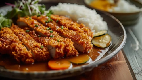 Breaded katsu with curry rice and pickled vegetables on the side, AI generated