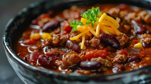 A hearty bowl of chili with beans, beef, and topped with shredded cheese, AI generated