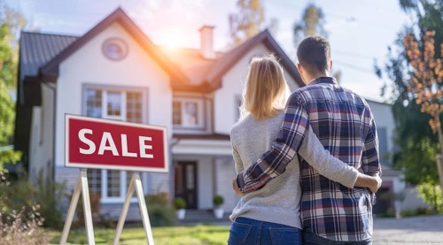 House for sale. Happy new buyer couple stand in front of modern luxury real estate intending to