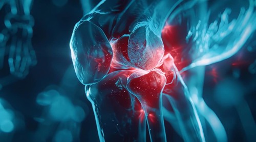 Illustration of knee pain. Concept of arthritis and sports trauma injury, AI generated