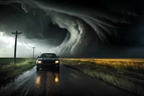 Disaster catastrophe storm concept, tornado in a field in the USA with car on road escaping tornado