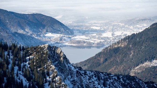View of Schliersee and the foothills of the Alps in winter with snow, Mangfall mountains, Bavarian