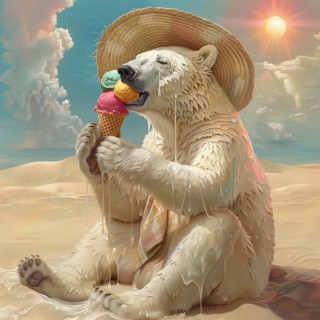 A polar bear with a straw hat sits in the desert and enjoys melting ice, symbolic image on the
