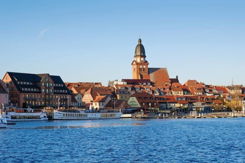 Town view with town harbour on Lake Mueritz, St. Mary's Church, Waren, Mueritz, Mecklenburg Lake