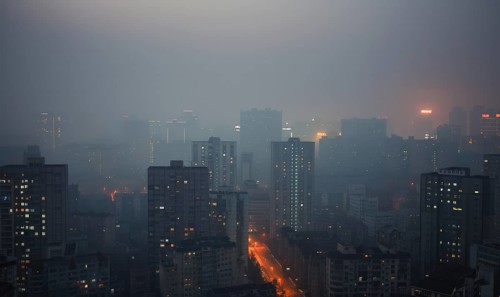 Urban landscape shrouded in smog with tall buildings barely visible AI generated