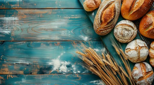 Variety of fresh loaf of bread and wheat on a rustic table with a lot of copy space, AI generated