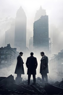 Silhouette of a group of businessman against a backdrop double exposure that reveals a destroyed