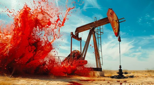 Oil rig pumping blood from the earth. Concept of earth resource exploitation and corporate greed,