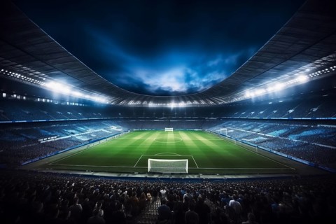 A soccer field with a large crowd of people spectators fans watching the game in evening. The