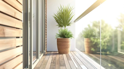 A balcony with a glass railing and a potted plant. AI generated