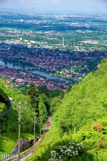 View from the Koenigstuhl station with the Koenigstuhlbahn, Heidelberg mountain railway, funicular