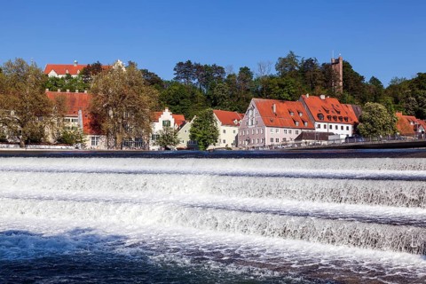 Historic old town centre of Landsberg am Lech, in front of the Lech weir, Upper Bavaria, Bavaria,