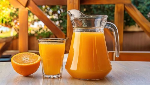 A glass of orange juice and a carafe on a wooden table outside, sunny background, AI generated, AI