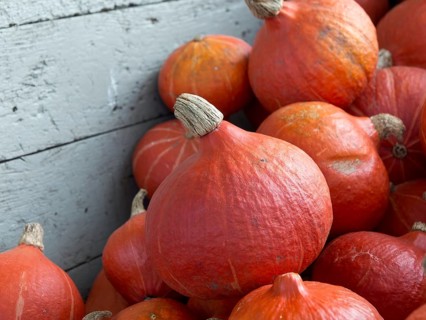 Several large pumpkins in a wooden box that looks rustic and autumnal, many orange pumpkins at