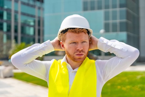 Architect getting ready with safe gear adjusting the hardhat in a modern financial district