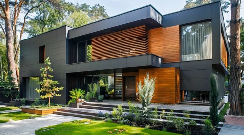 Modern private villa architecture of a house. Luxury property for sale in an upscale community, AI