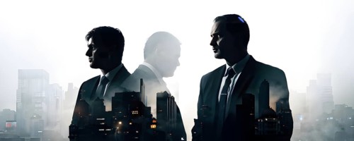 Silhouette of a group of businessman against a backdrop double exposure that reveals a destroyed