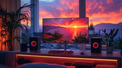 Warmly lit home office with a computer setup and plants, evoking a relaxed ambiance, AI Generated,