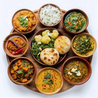 Colorful Indian thali with an assortment of vegetarian dishes, rice, and naan bread, garnished with