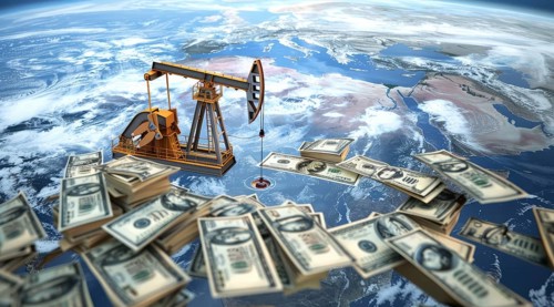 Oil rig pumping money from the earth. Concept of earth resource exploitation and corporate greed,