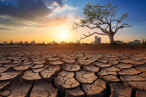 Drought climate change ecology solitude concept, dry dead tree in desert with a dry, cracked ground