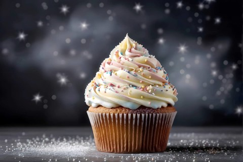 Cupcake with swirls of buttercream frosting in soft pink, AI generated