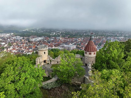 Aerial view of the Honburg castle ruins on the Honberg with the town of Tuttlingen, district of
