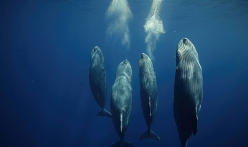 A family of sperm whales diving into the depths of the ocean AI generated