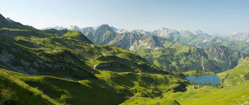 Panorama from Zeigersattel to Seealpsee, on the left behind the Hoefats 2259m, Allgaeu Alps,