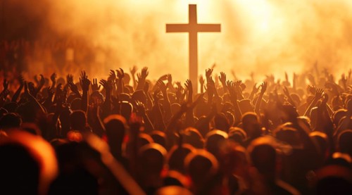 Large crowd of people praying to god and Jesus in front of the Cross, AI generated