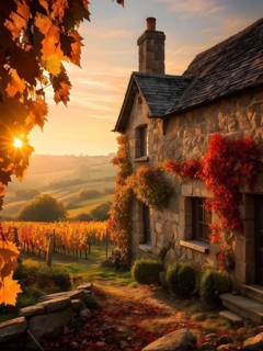 Rustic vineyard cottage nestled in a canopy of vines leaves showcasing autumns color palette in the