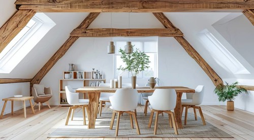 Luxury remodeled and renovated attic with rustic furniture and modern look in a private house, AI