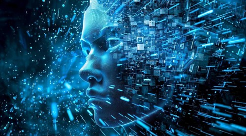 Human beings morphing into code. The concept of cyborg and AI becoming sentient, AI generated