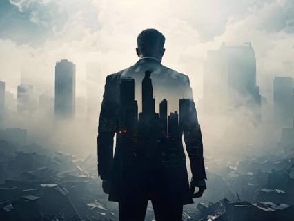 Silhouette of two businessman against a backdrop double exposure that reveals a destroyed