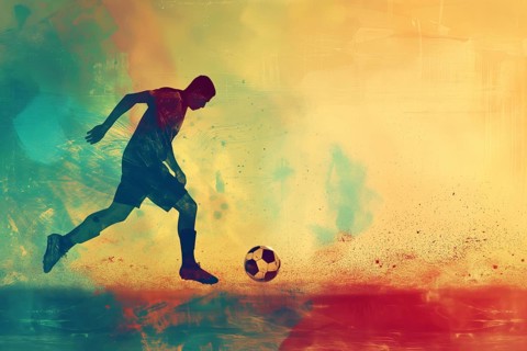 A soccer player dribbles and kicks a soccer ball. Abstract vintage grungy poster style with muted