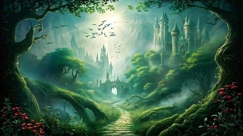 AI generated enchanted forest illustration intertwining trees aglow with magical light